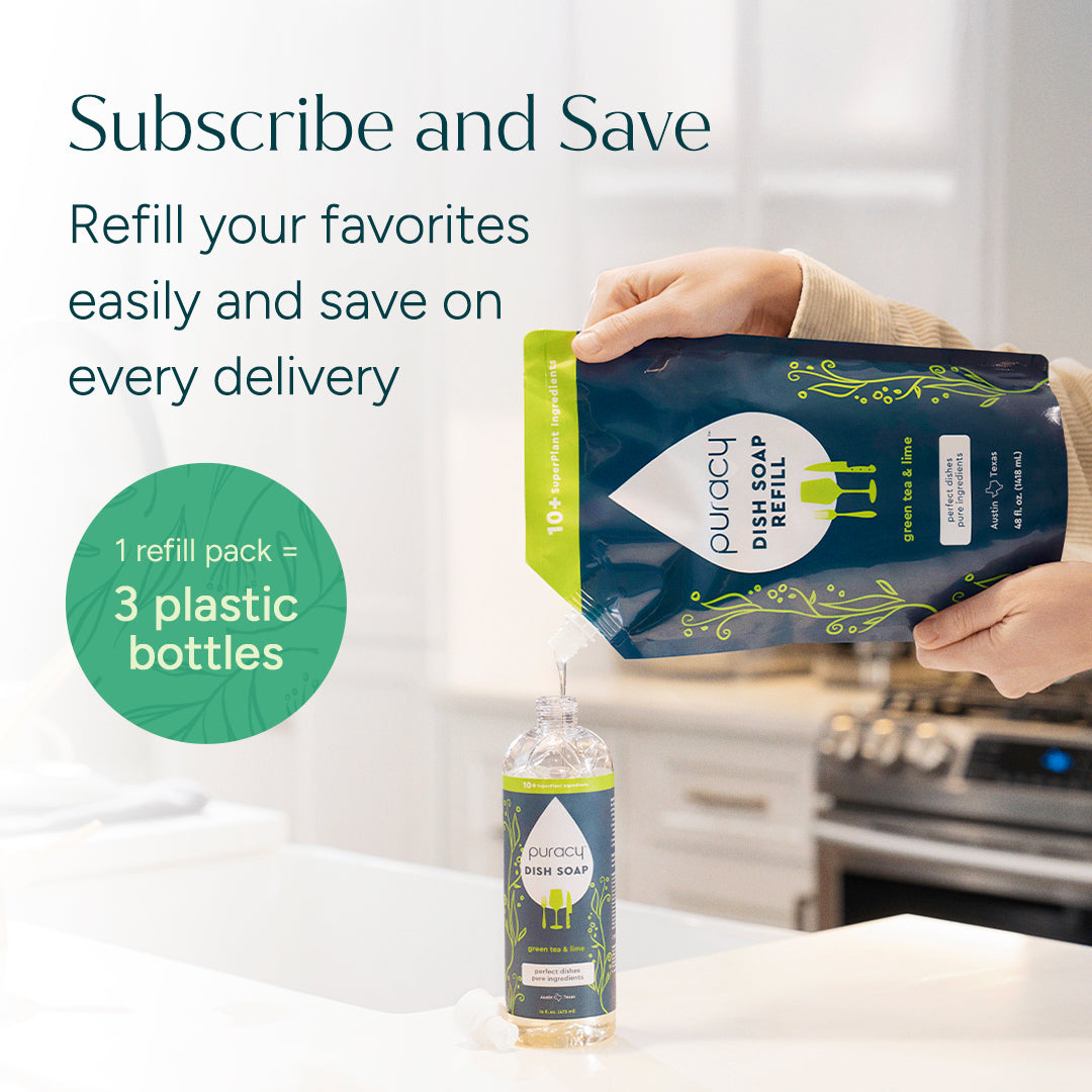 Puracy dish soap in green tea and lime scent, three bottles in a standard pack, for cleaning dishes and kitchenware.