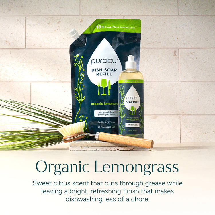 Puracy dish soap in green tea and lime scent, three-pack, liquid dishwashing soap for cleaning dishes and kitchenware.
