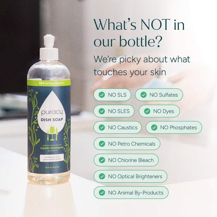 Puracy dish soap in a green tea lime scent, three bottles in a standard pack, with brand logo visible on the bottles.