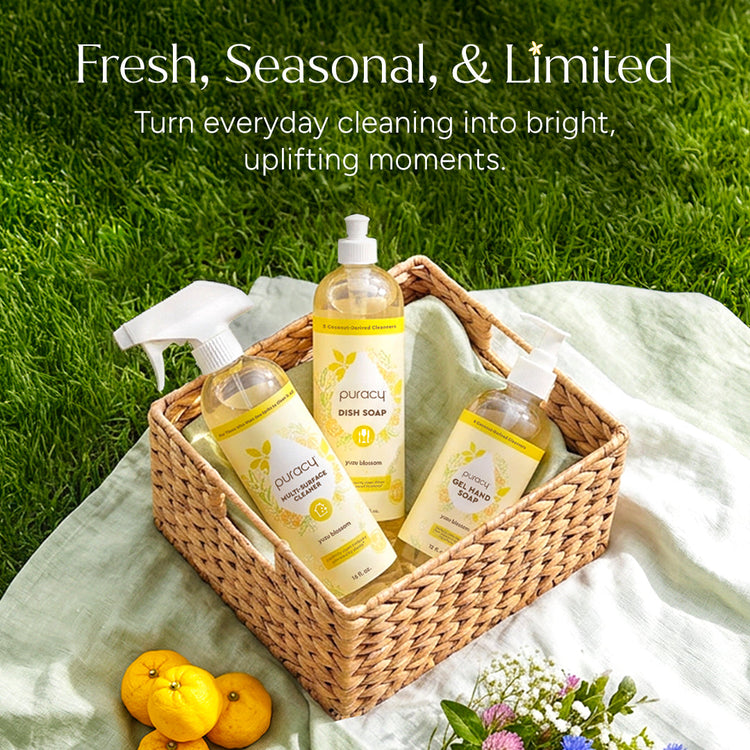 Puracy dish soap in a green tea and lime scent, three-pack, natural dish cleaning liquid with eco-friendly formula.