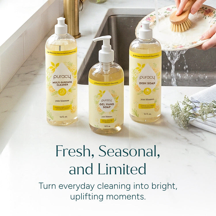 Puracy dish soap in a green tea lime scent, shown in a pack of three bottles with eco-friendly packaging.
