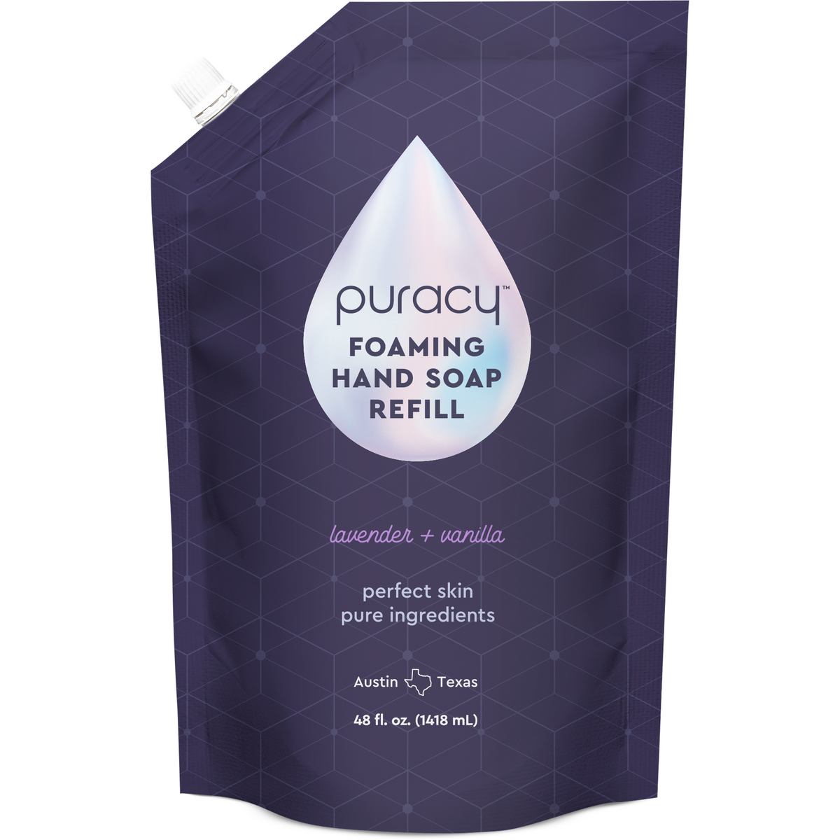 Puracy lavender vanilla foaming hand soap in a pump dispenser, set of three bottles with clean, calming design.