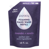 Puracy lavender vanilla foaming hand soap in a pump bottle, set of three, with soft foam and floral scent.