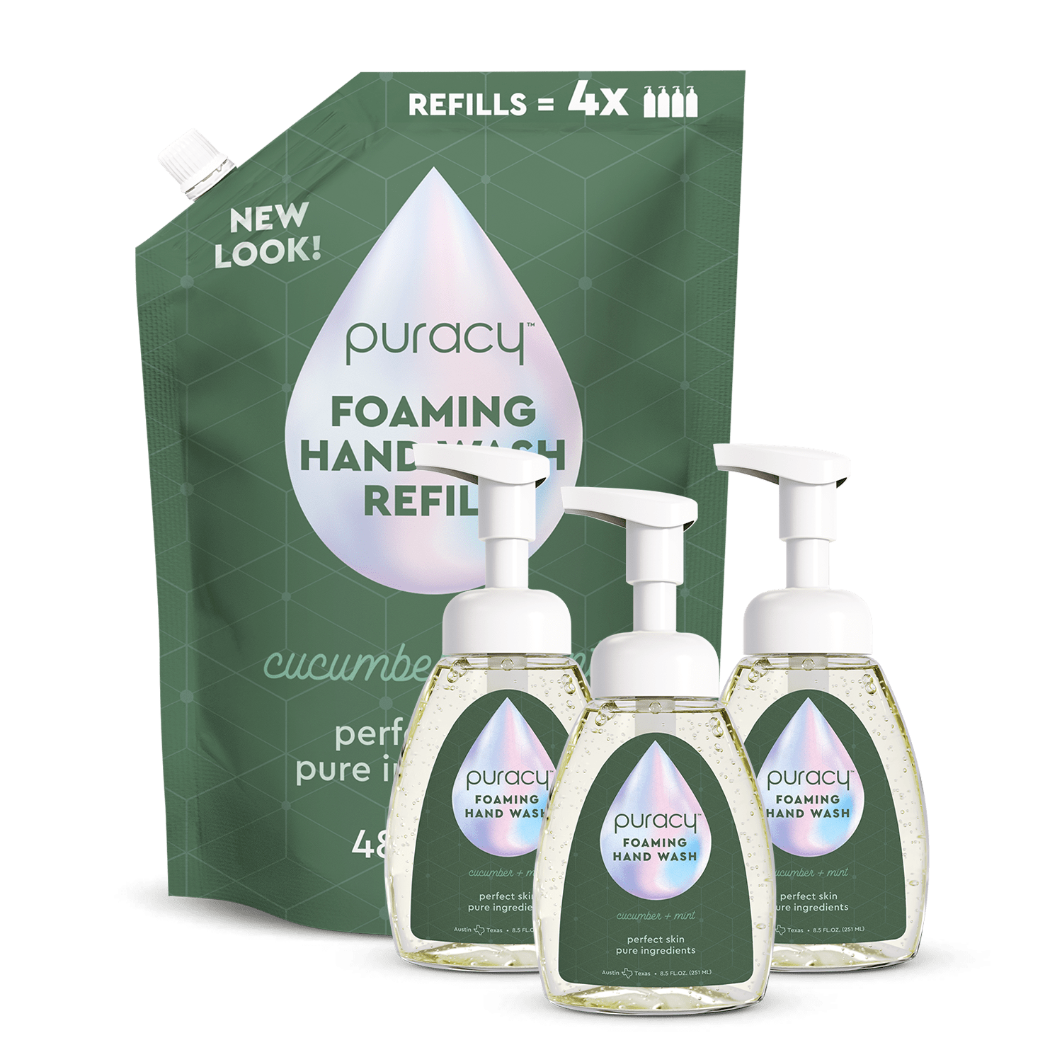 Puracy lavender vanilla foaming hand soap in a pump bottle, set of three, with soft lavender and vanilla scent.