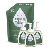 Puracy lavender vanilla foaming hand soap in a pump bottle, set of three, with soft lavender and vanilla scent.