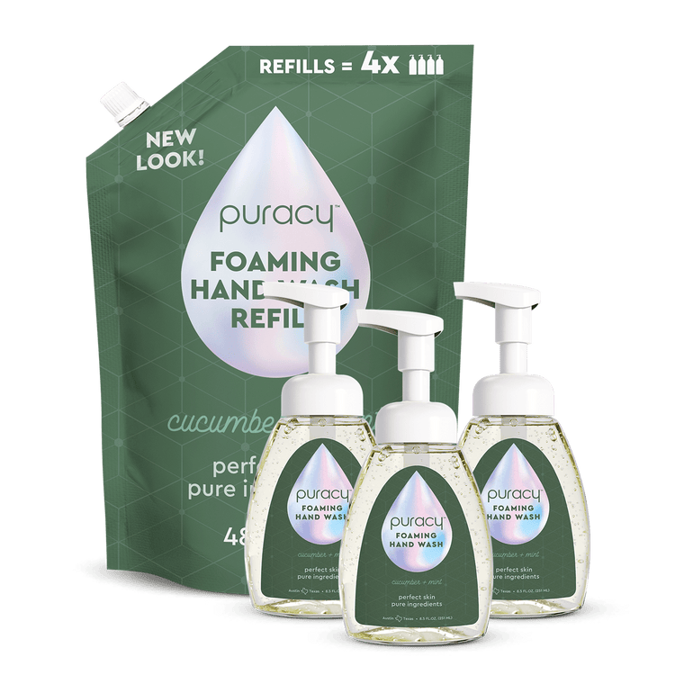 Puracy lavender vanilla foaming hand soap in a pump bottle, set of three, with soft lavender and vanilla scent.