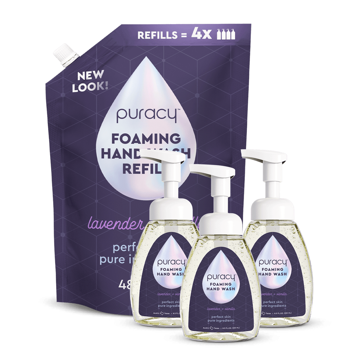 Three bottles of Puracy lavender vanilla foaming hand soap with pump dispensers, showcasing the product packaging and branding.
