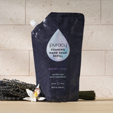 Puracy foaming hand soap with lavender and vanilla scent in three bottles, showing the pump dispenser and label.