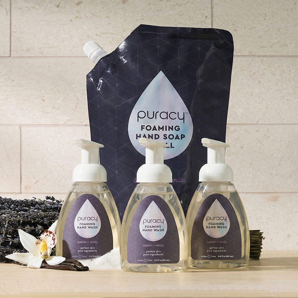 Puracy lavender vanilla foaming hand soap bottles, natural hand wash with soothing lavender and vanilla scent in a pack of three.