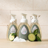 Puracy lavender vanilla foaming hand soap in a pump dispenser, shown in a set of three bottles, natural and gentle hand cleansing.