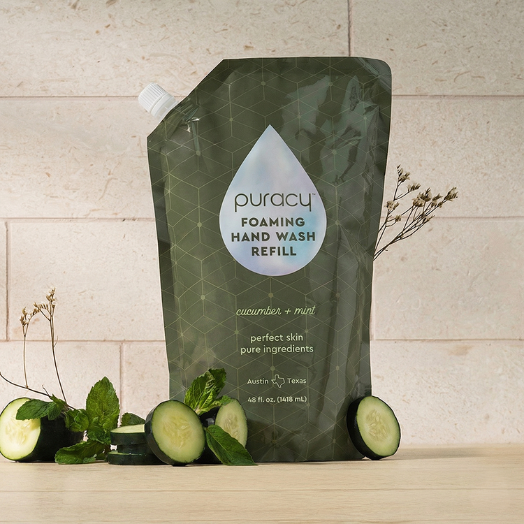 Puracy lavender vanilla foaming hand soap in a pump dispenser, set of 3 bottles, moisturizing and gentle for hand cleansing.