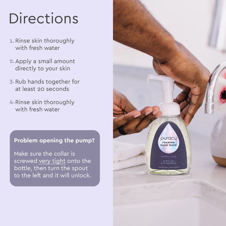 Puracy lavender vanilla foaming hand soap in a pump bottle, set of 3, with soft lavender and vanilla scent and gentle foaming formula.