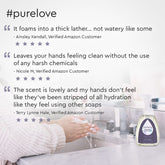 Three bottles of Puracy lavender vanilla foaming hand soap with pump dispensers, showcasing the product and packaging.
