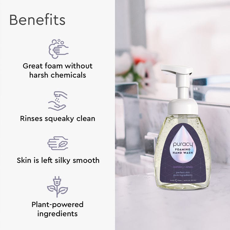Puracy lavender vanilla foaming hand soap in a pump bottle, set of three, with a clear label and floral design.