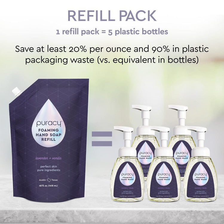 Puracy lavender vanilla foaming hand soap bottles in a standard pack of three, featuring eco-friendly packaging and soft lavender scent.