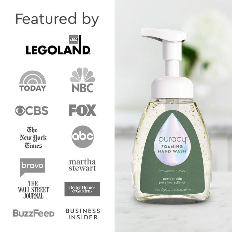 Set of three Puracy foaming hand soap bottles with lavender vanilla scent, featuring pump dispensers and sleek white packaging