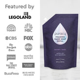 Set of three Puracy foaming hand soaps in lavender vanilla scent, bottles with pump dispensers, natural and gentle hand cleansing.