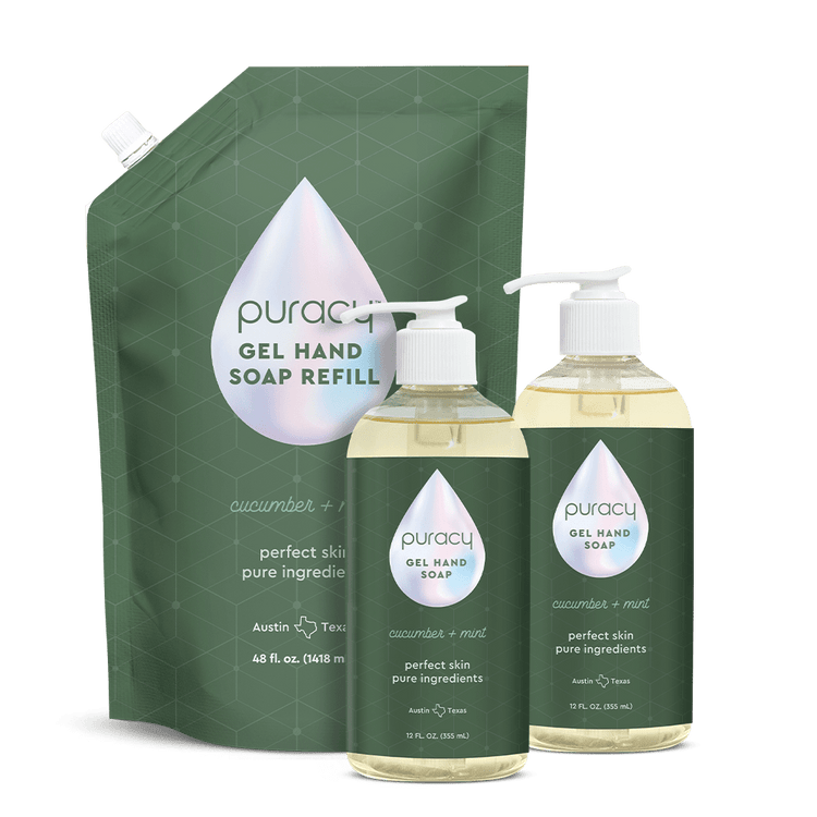 Puracy lavender vanilla gel hand soap in a standard pack of 2 with pump bottles, gentle and moisturizing for hand cleansing