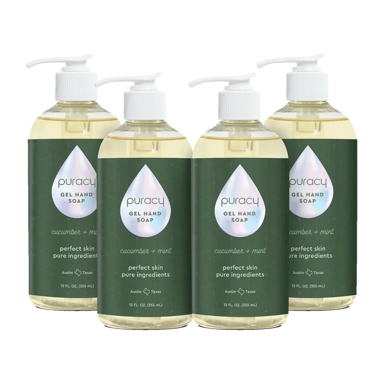 Puracy lavender vanilla gel hand soap in a standard pack of two, featuring a gentle, moisturizing formula in clear bottles.