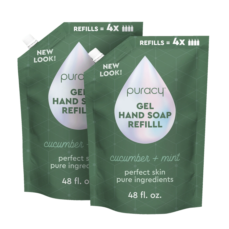 Puracy lavender vanilla gel hand soap in a pump bottle, set of two, with a clean, gentle formula for hand washing.
