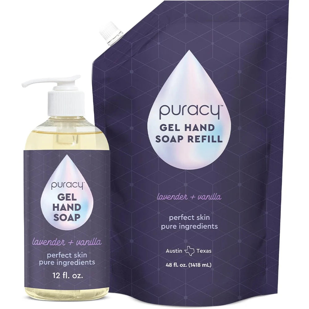 Puracy lavender vanilla gel hand soap in a standard pack of two, featuring a gentle, moisturizing formula for clean hands.