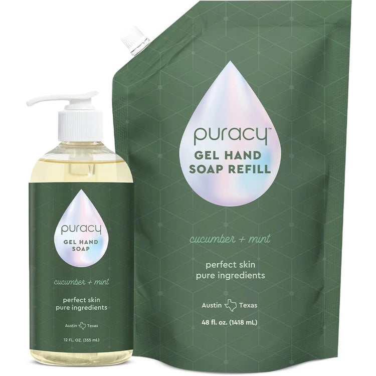 Puracy lavender vanilla gel hand soap in a standard pack of 2, featuring clear bottles with lavender and vanilla scent labels.