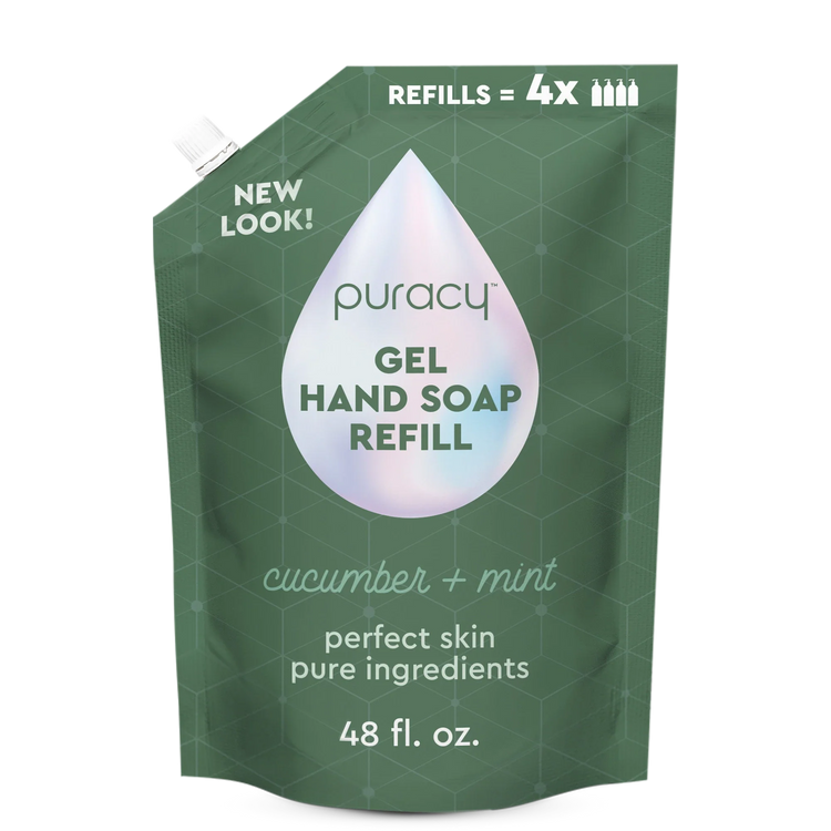 Two bottles of Puracy lavender vanilla gel hand soap with pump dispensers, designed for gentle hand cleansing.