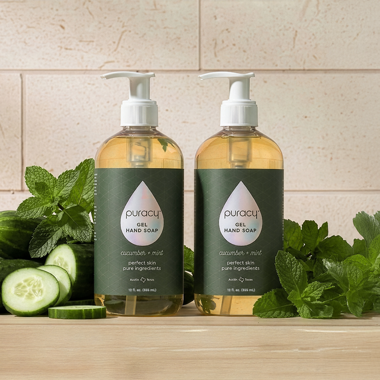 Puracy lavender vanilla gel hand soap in a standard pack of 2 bottles, moisturizing and gentle for all skin types.