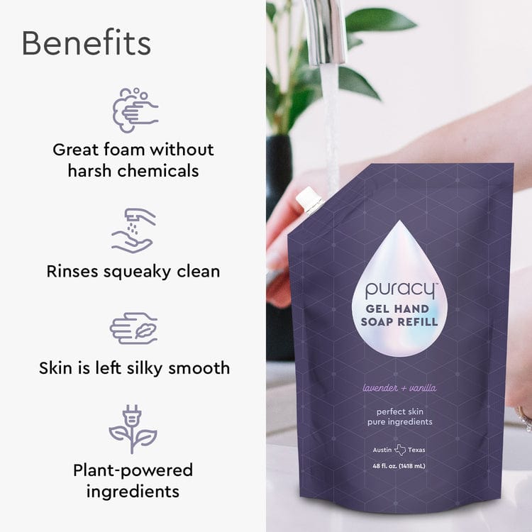 Puracy lavender vanilla gel hand soap in a standard pack of 2 bottles, showing the soap&