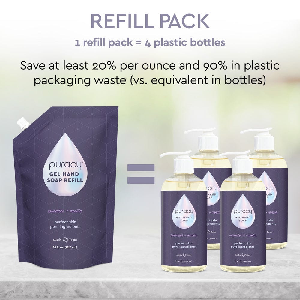 Puracy lavender vanilla gel hand soap in a standard pack of two bottles, gentle and moisturizing for hand washing.