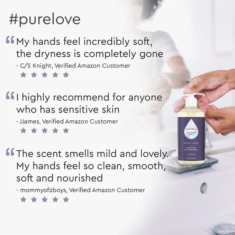 Puracy lavender vanilla gel hand soap in a standard pack of two, showing clear bottles with lavender and vanilla scent labels.
