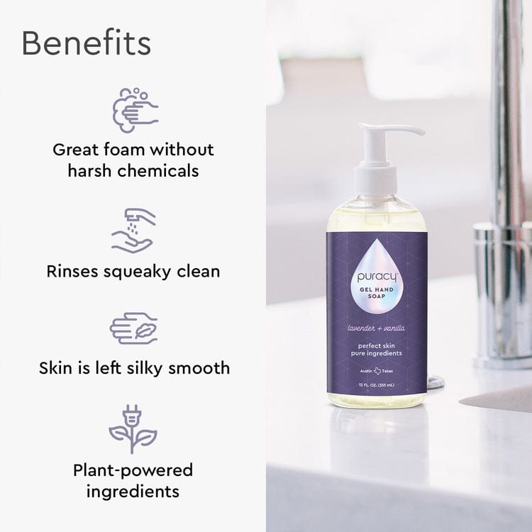 Puracy lavender vanilla gel hand soap, pack of 2, with a clear pump bottle showing soap inside and lavender vanilla scent label