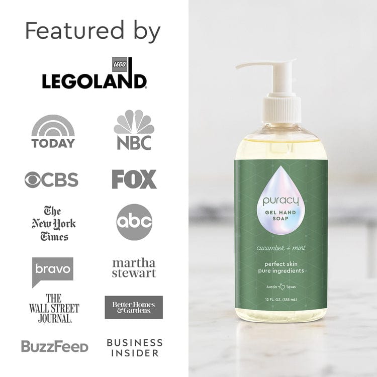 Puracy Gel Hand Soap in lavender vanilla scent, two bottles of hand soap with pump dispensers, natural and gentle cleansing.
