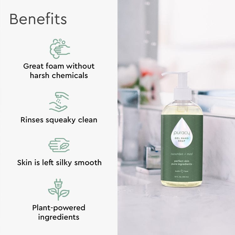 Puracy lavender vanilla gel hand soap in a standard pack of two bottles, gentle cleansing and moisturizing for hands.