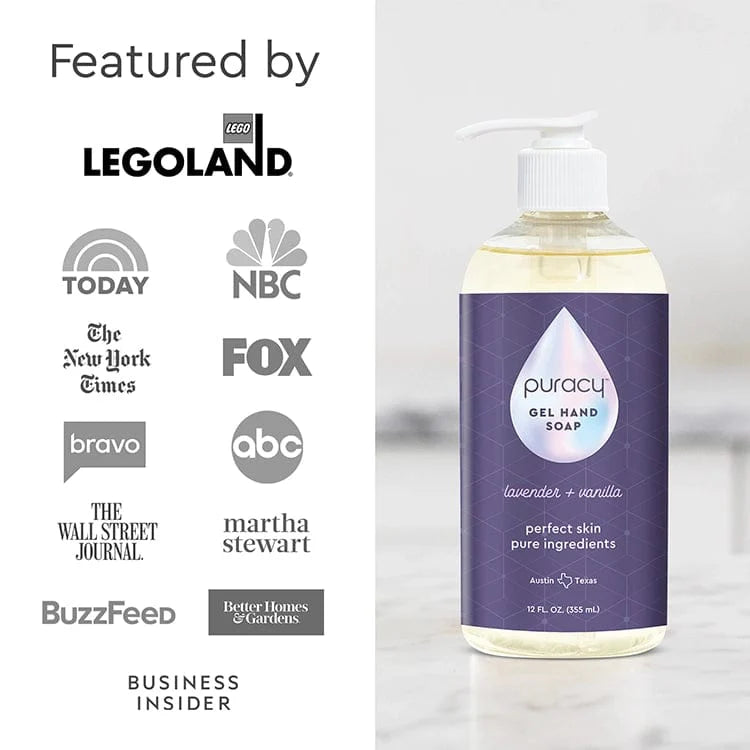 Puracy lavender vanilla gel hand soap in a standard pack of two bottles, featuring a gentle, fragrant formula for clean hands.