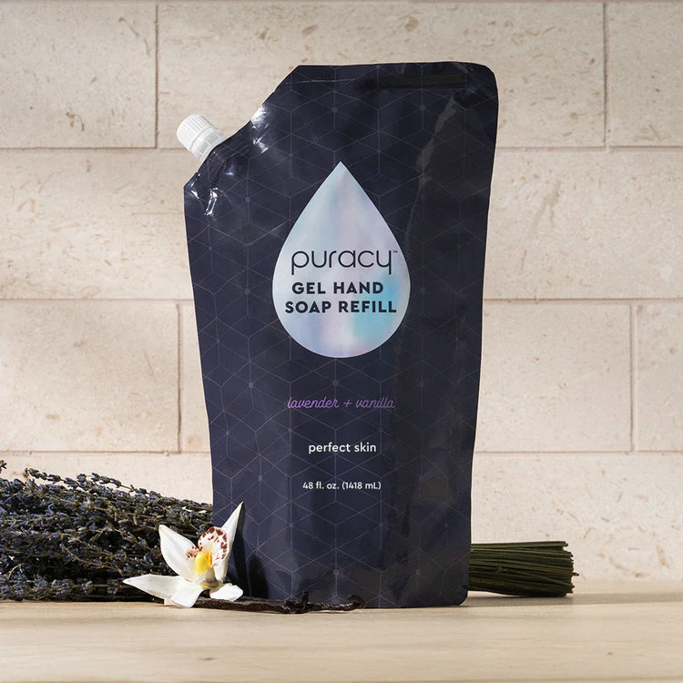 Puracy lavender vanilla gel hand soap in a standard pack of 2 bottles, featuring a gentle, moisturizing hand cleansing formula.