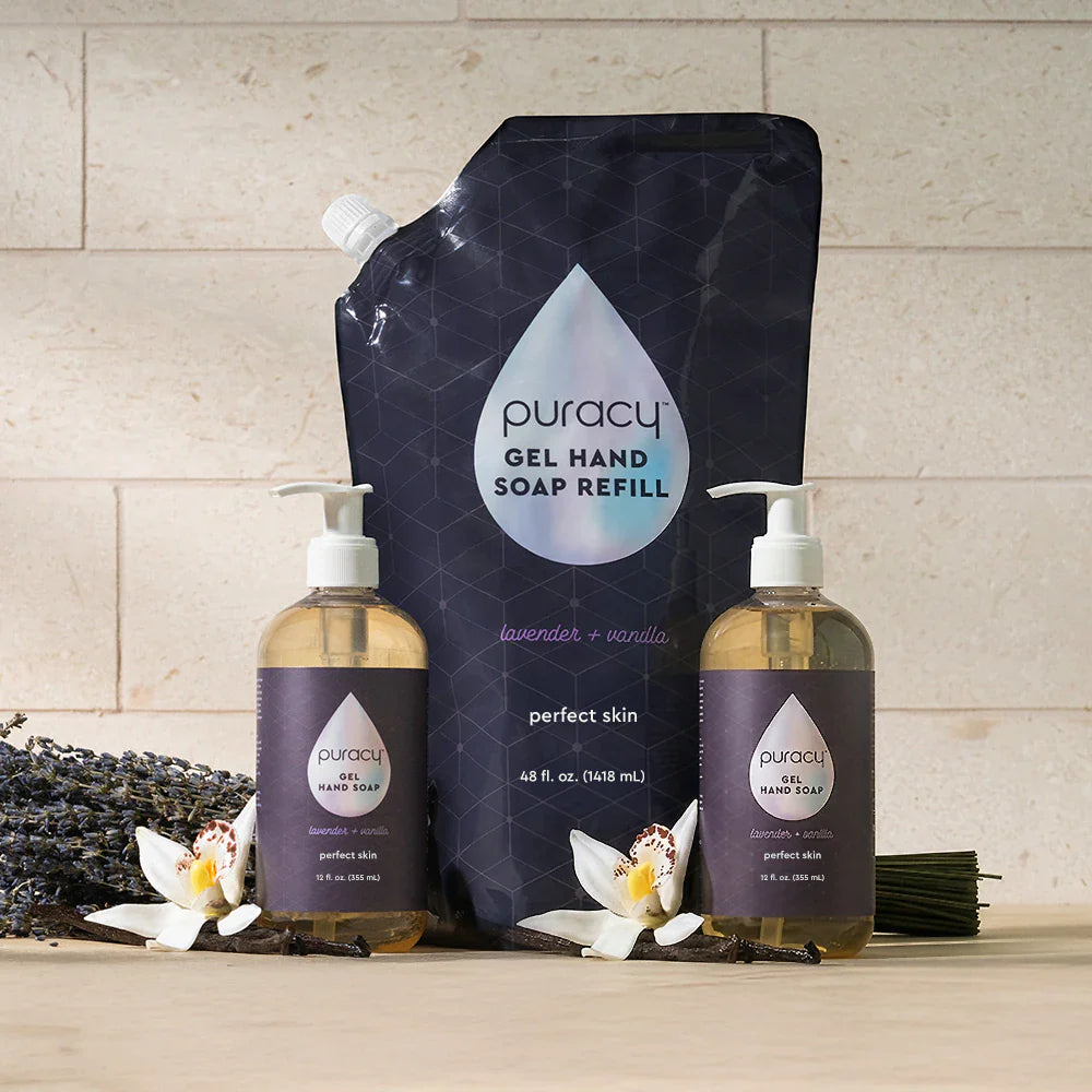 Puracy lavender vanilla gel hand soap in a standard pack of two bottles, moisturizing hand soap with soothing scent