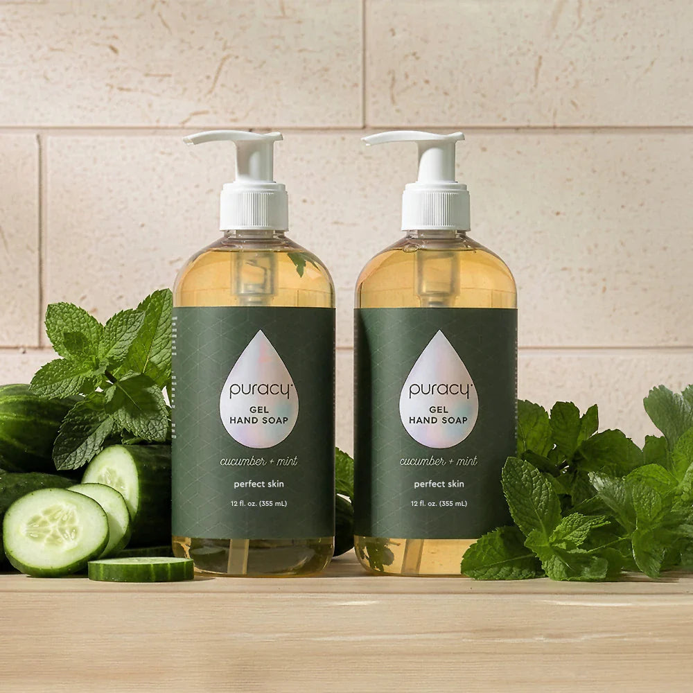 Puracy lavender vanilla gel hand soap in a standard pack of two bottles, showcasing the soap&