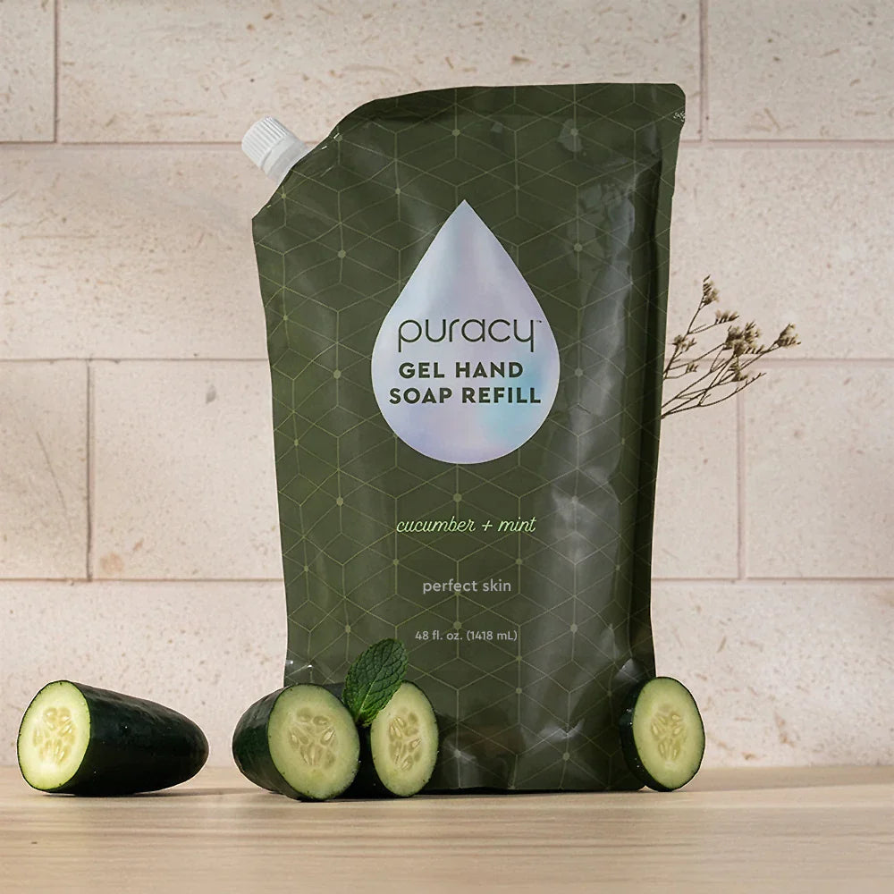 Puracy lavender vanilla gel hand soap in a standard pack of two, featuring a clear pump bottle with lavender and vanilla scent.