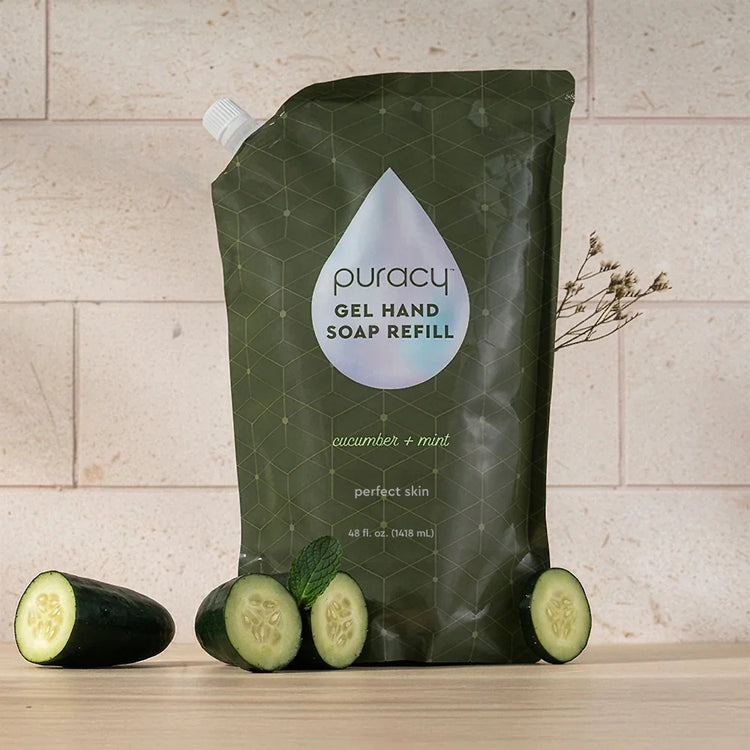 Puracy lavender vanilla gel hand soap in a standard pack of two, featuring a clear pump bottle with lavender and vanilla scent.
