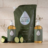 Two bottles of Puracy lavender vanilla gel hand soap, natural hand soap with soothing lavender and vanilla scent.