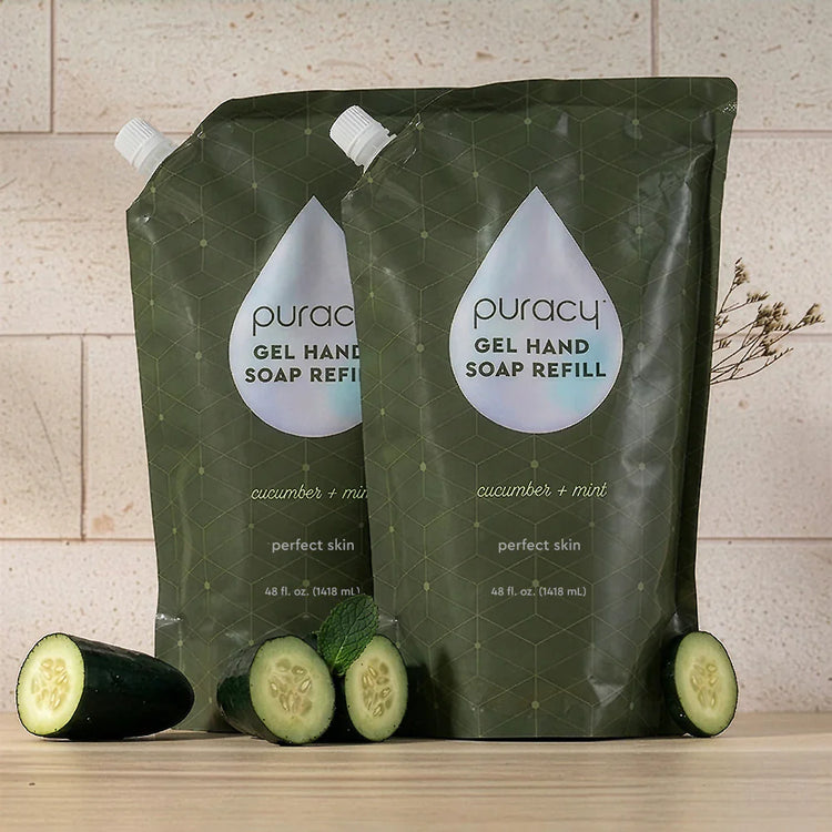 Puracy lavender vanilla gel hand soap in a standard pack of two, showing clear bottles with lavender and vanilla scent labels.