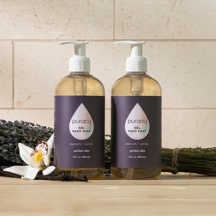 Puracy gel hand soap in lavender vanilla scent, two bottles displayed, moisturizing hand soap for gentle cleansing.