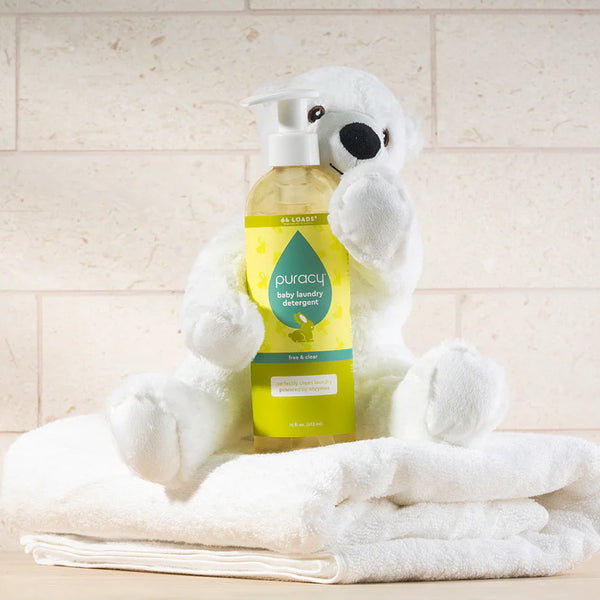 Puracy baby laundry detergent bottle, unscented laundry detergent designed for gentle cleaning of baby clothes.