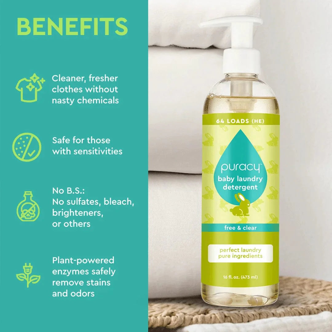 Puracy baby laundry detergent in a white bottle, unscented, designed for gentle cleaning of baby clothes and fabrics.