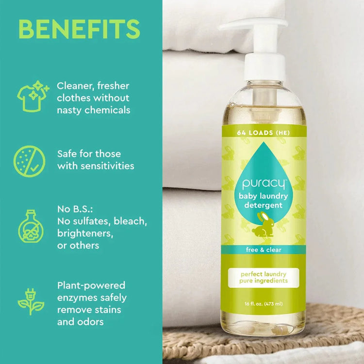 Puracy baby laundry detergent in a white bottle, unscented, designed for gentle cleaning of baby clothes and fabrics.