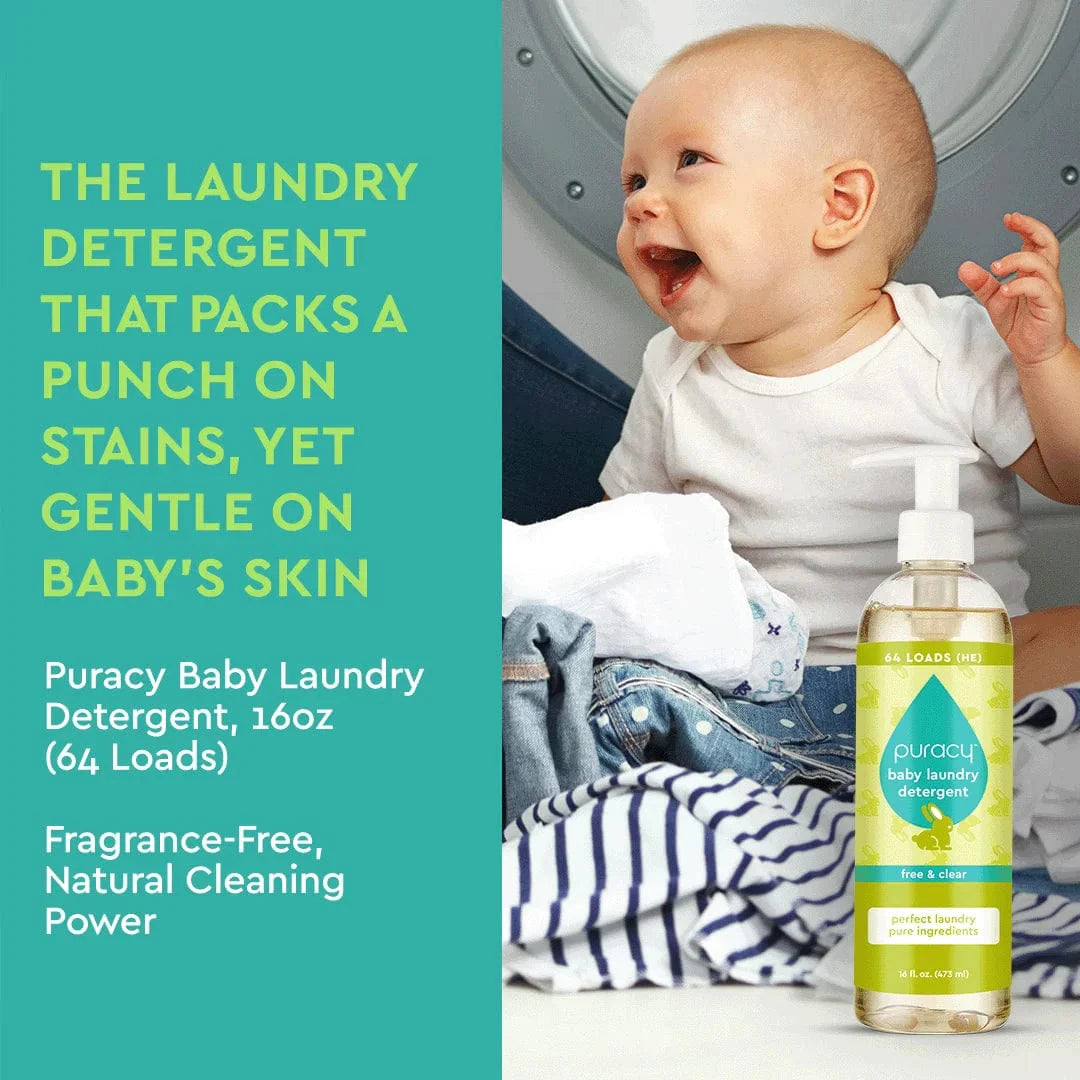 Puracy Baby Laundry Detergent in a white bottle, unscented formula, designed for gentle cleaning of baby clothes and fabrics.