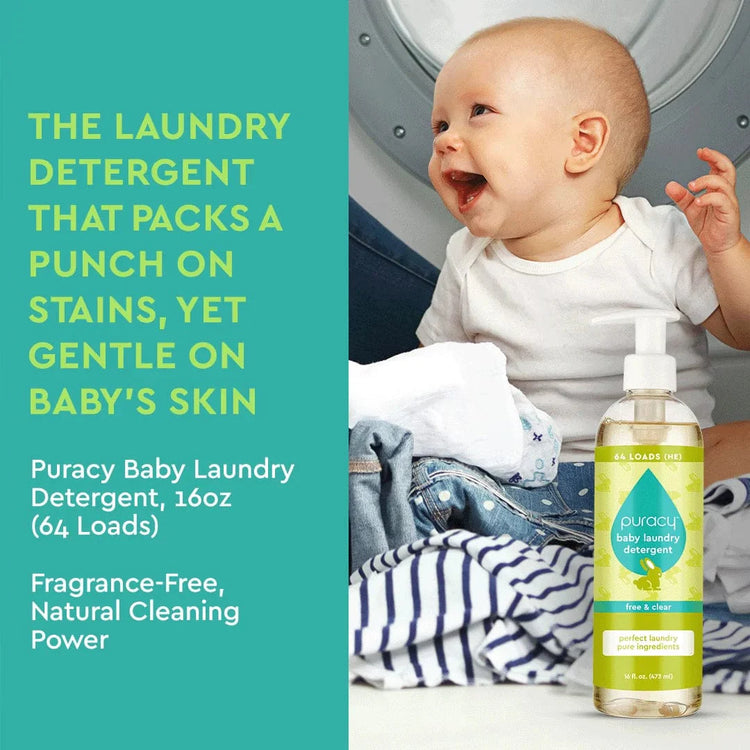 Puracy Baby Laundry Detergent in a white bottle, unscented formula, designed for gentle cleaning of baby clothes and fabrics.