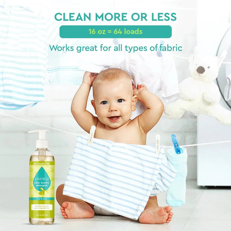 Puracy Baby Laundry Detergent in a white bottle, unscented formula designed for gentle cleaning of baby clothes and linens.