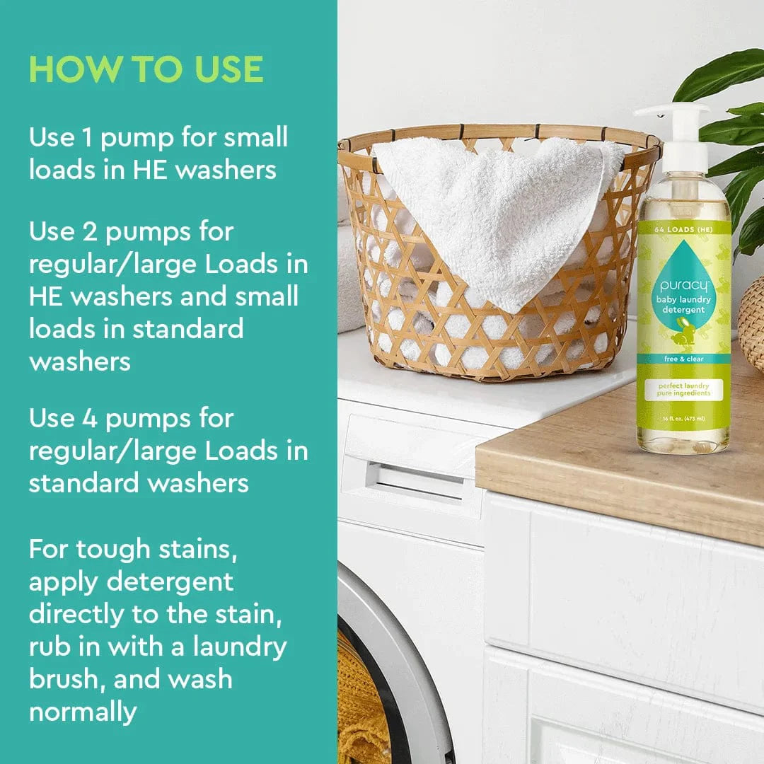 Puracy baby laundry detergent bottle, unscented, designed for gentle cleaning of baby clothes and delicate fabrics.